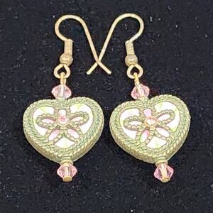 Art Deco Floral Heart Drop Dangle Antiqued Brass Colored French Hook Earrings